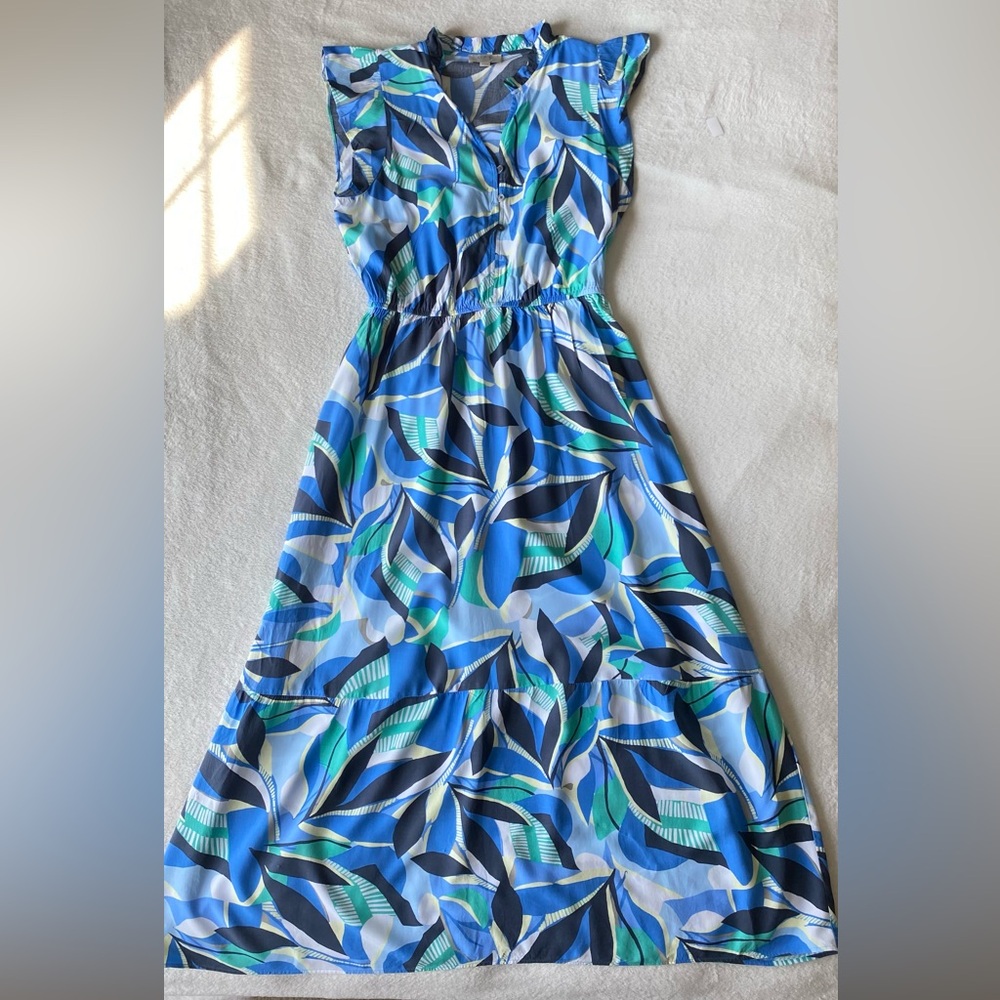 LOFT Blue Green Abstract Print Ruffle Sleeve Maxi Dress Large Petite - Picture 7 of 15